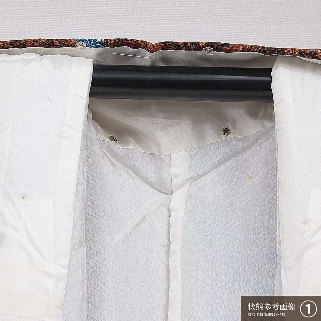 小紋 袷 身丈162cm 裄丈66cm 正絹 Sランク インフォーマル 広衿 Lサイズ しつけ糸 流水 紅葉 茶系 RP 1221-15468