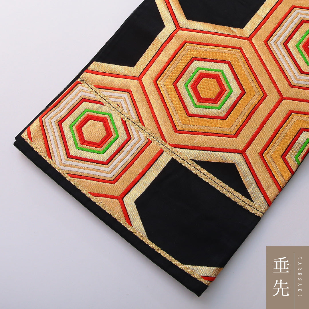 アンティーク 袋帯 帯丈424cm 六通 Aランク 正絹 亀甲 黒系 1223-01999