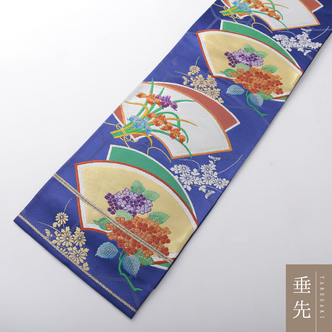 新古品 袋帯 帯丈432cm フォーマル 六通 Nランク 正絹 唐織 扇 紫陽花 しつけ糸 朱系 1223-02081