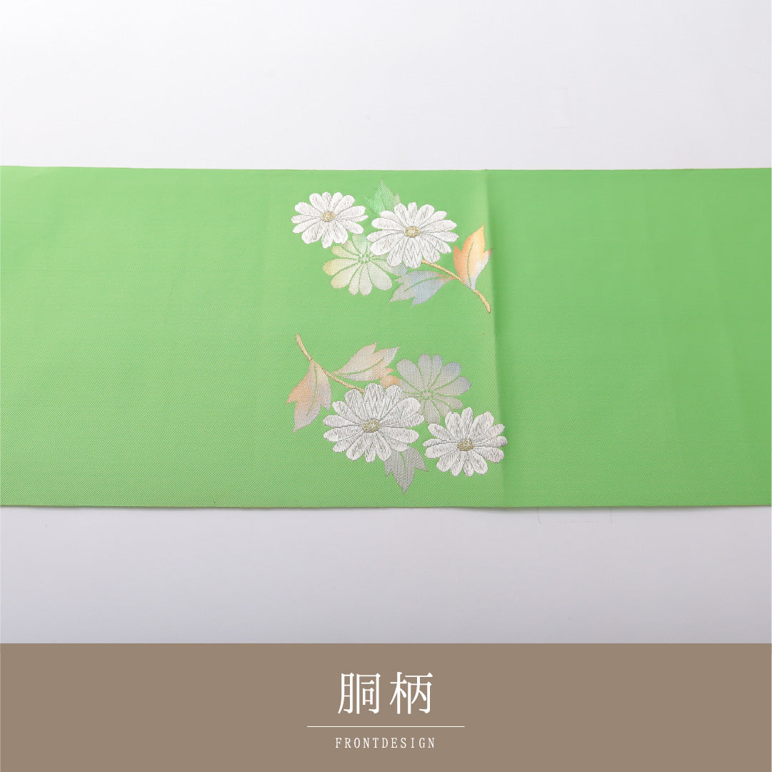 八寸名古屋帯 Aランク 帯丈355cm 正絹 ポイント柄 松葉仕立て 織り インフォーマル 菊 黄の混ざった緑系 LP 1245-03673