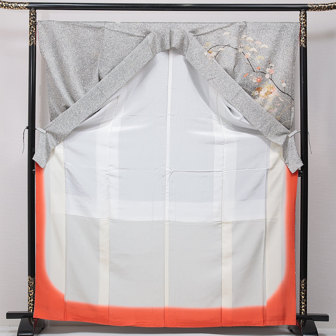 訪問着 身丈168cm 裄丈67cm 正絹 Sランク XLサイズ 広衿 セミフォーマル 梅 松 グレー系 1212-15492