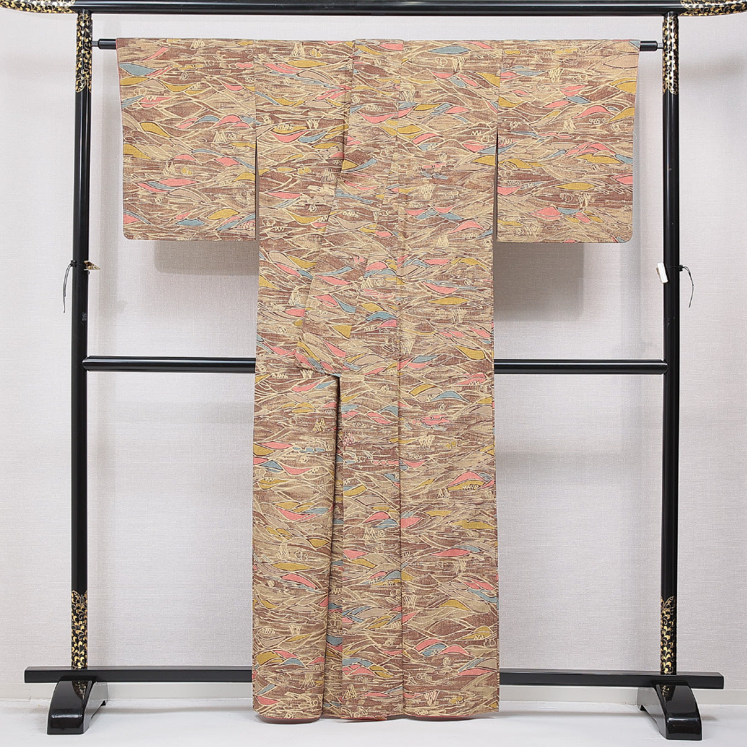 小紋 袷 身丈161cm 裄丈64cm 正絹 Sランク インフォーマル 広衿 Lサイズ 風景柄 茶系 RP 1221-15563