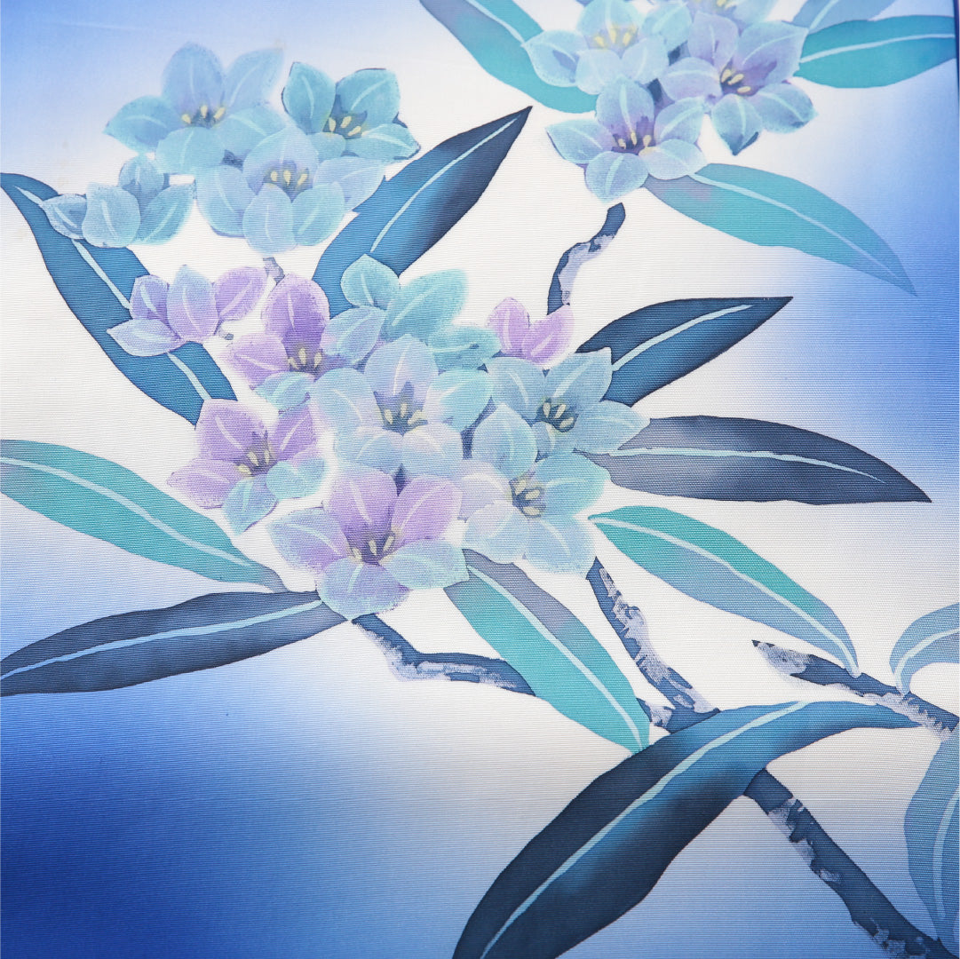 九寸名古屋帯 帯丈380cm カジュアル 開き仕立て ポイント柄 Bランク 正絹 染め帯 塩瀬 花柄 青系 1224-03914