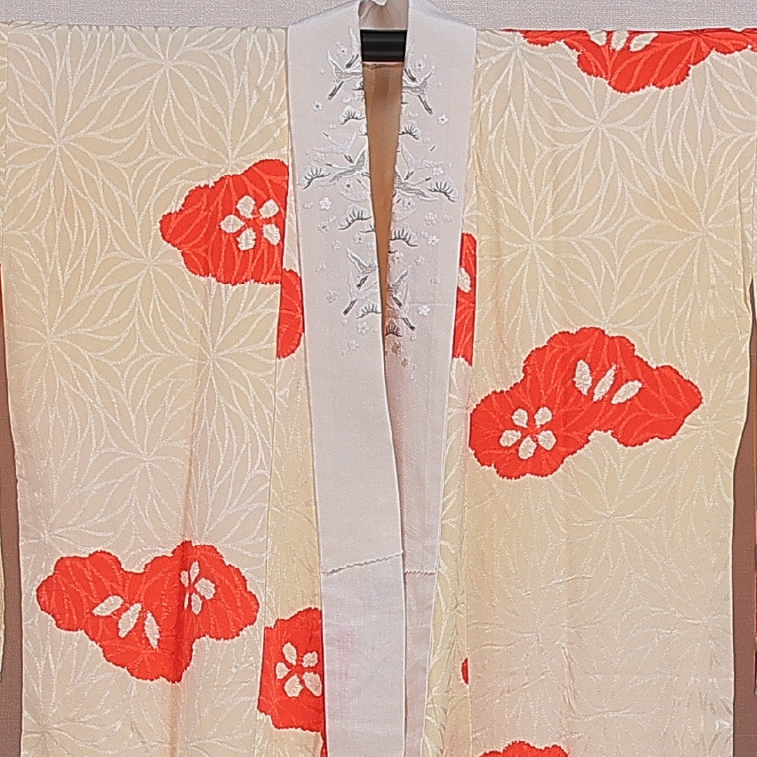 長襦袢 無双袖 身丈144cm 裄丈62cm 正絹 Aランク FREEサイズ 部分絞り 菊 笠松 クリーム系 RP 1239-16638