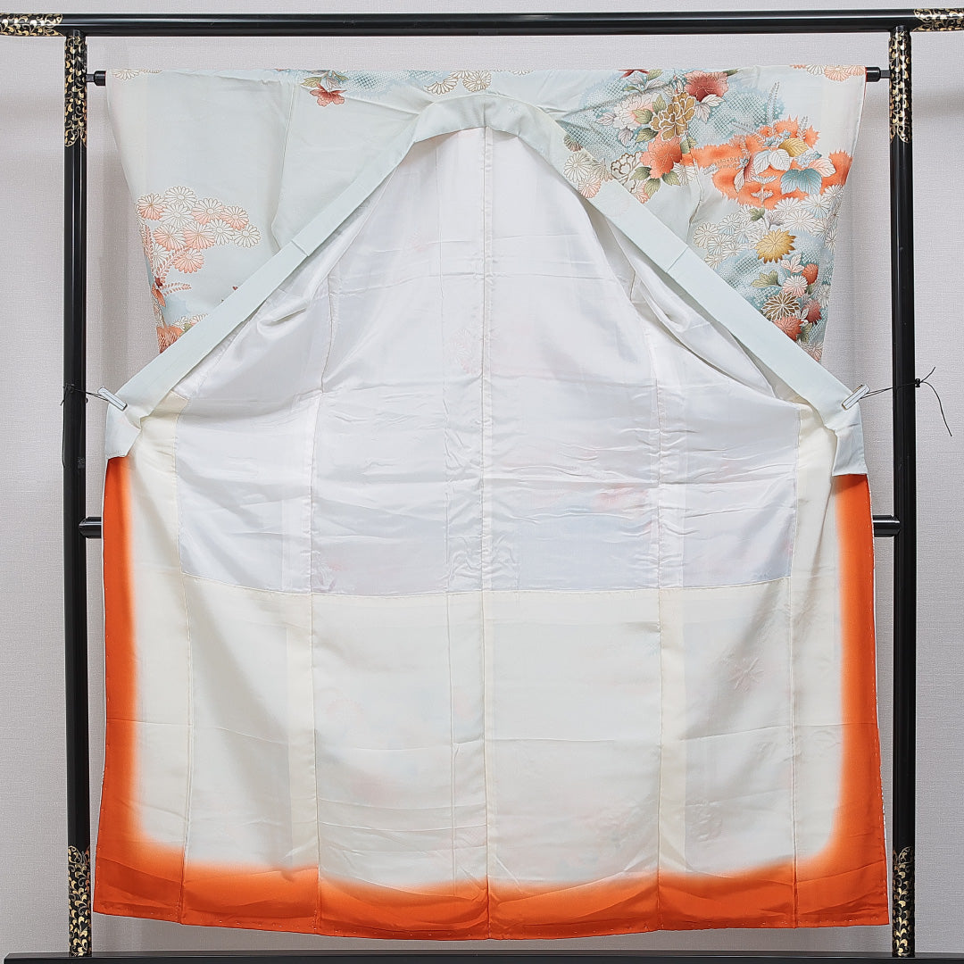 訪問着 洗える着物 袷 身丈160cm 裄丈64cm ポリエステル Cランク Lサイズ バチ衿 セミフォーマル 菊 桐 刺繍 水色系 1212-16096