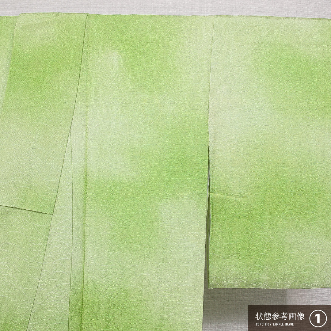 色無地 袷 身丈155cm 裄丈61cm 正絹 Aランク Mサイズ 広衿 一つ紋(五三桐) セミフォーマル 紋意匠 芝草 ぼかし染 緑系 1214-15100