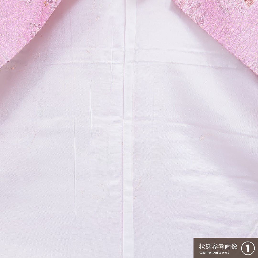 洗える着物 小紋 袷 身丈156cm 裄丈63cm ポリエステル Sランク インフォーマル 広衿 Mサイズ 芝草 菊 紅葉 ピンク系 RP 1221-15979