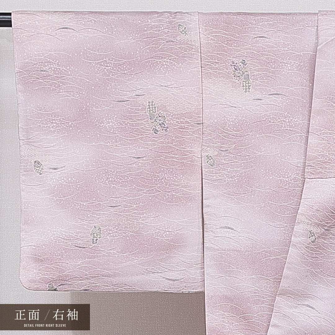 小紋 洗える着物 袷 身丈162cm 裄丈62cm ポリエステル Sランク Lサイズ 広衿 インフォーマル 花瓶 青海波 ピンク系 1215-15801