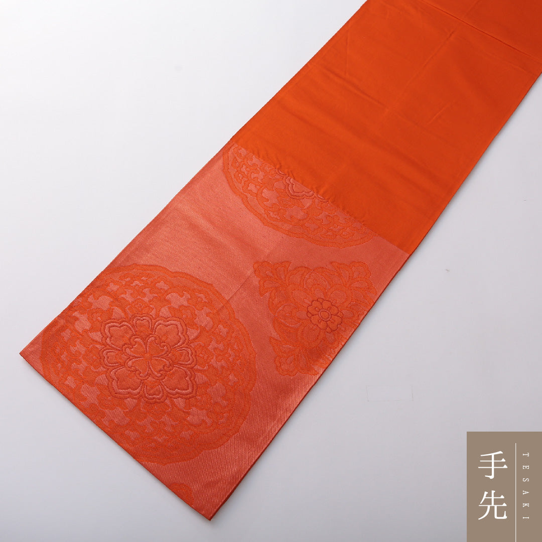 袋帯 帯丈420cm 正絹 六通 帯芯なし セミフォーマル 鏡裏文 朱系 1243-02004
