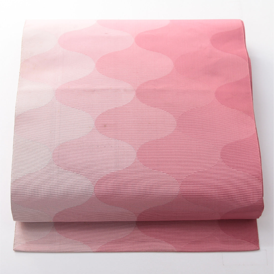 八寸名古屋帯 帯丈359cm カジュアル 松葉仕立て 全通 Cランク 正絹 幾何学柄 ピンク系 1224-03794