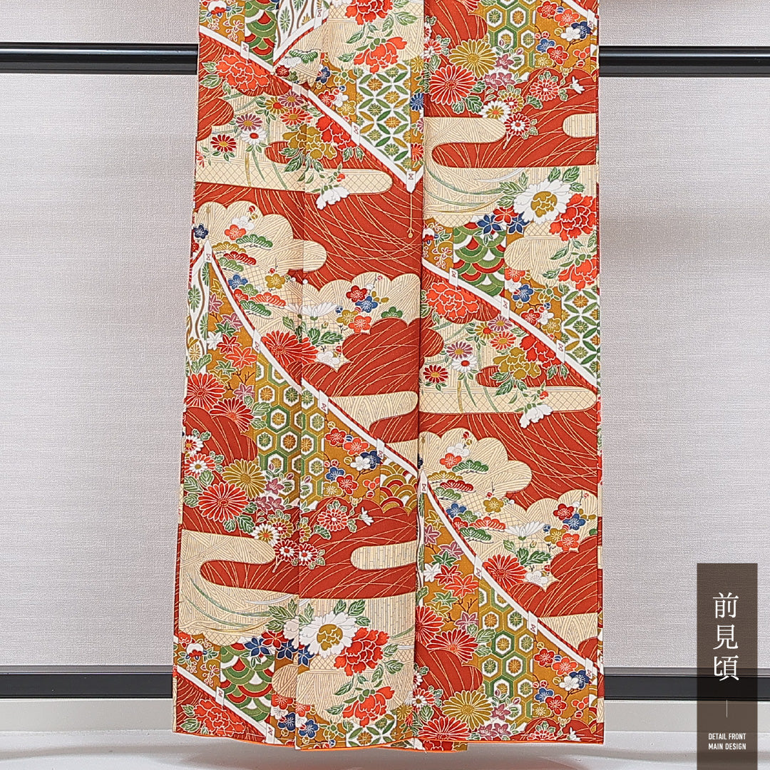 小紋 袷 身丈158cm 裄丈62cm 正絹 Sランク インフォーマル バチ衿 Mサイズ 菊 吉祥文様 朱系 RP 1221-16736