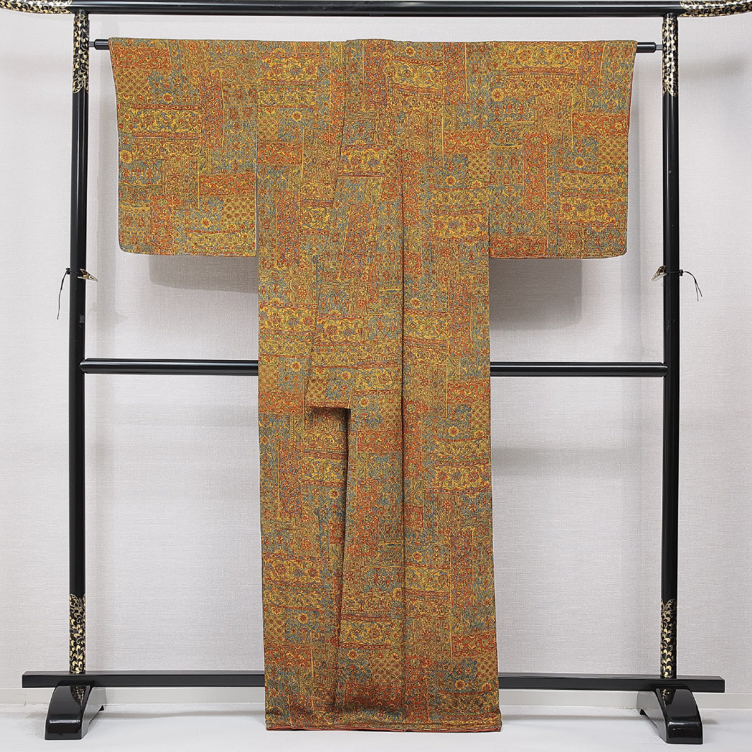 小紋 袷 身丈168cm 裄丈66cm 正絹 Sランク XLサイズ 広衿 インフォーマル 植物柄 多色系 黄系 1215-15657