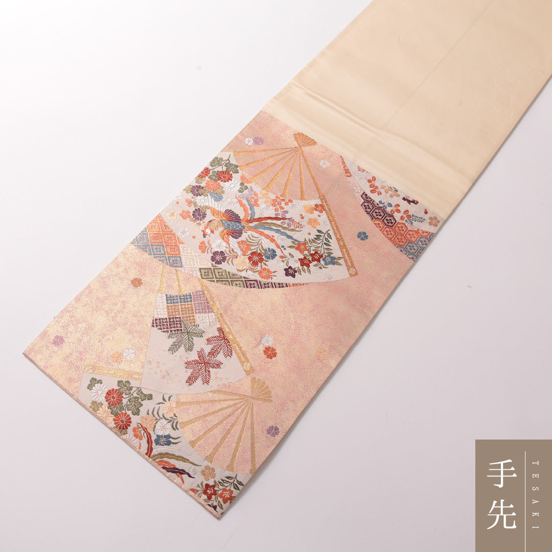 袋帯 帯丈424cm 正絹 六通 フォーマル 扇面文 鳳凰 金系 ピンク系 1243-01794
