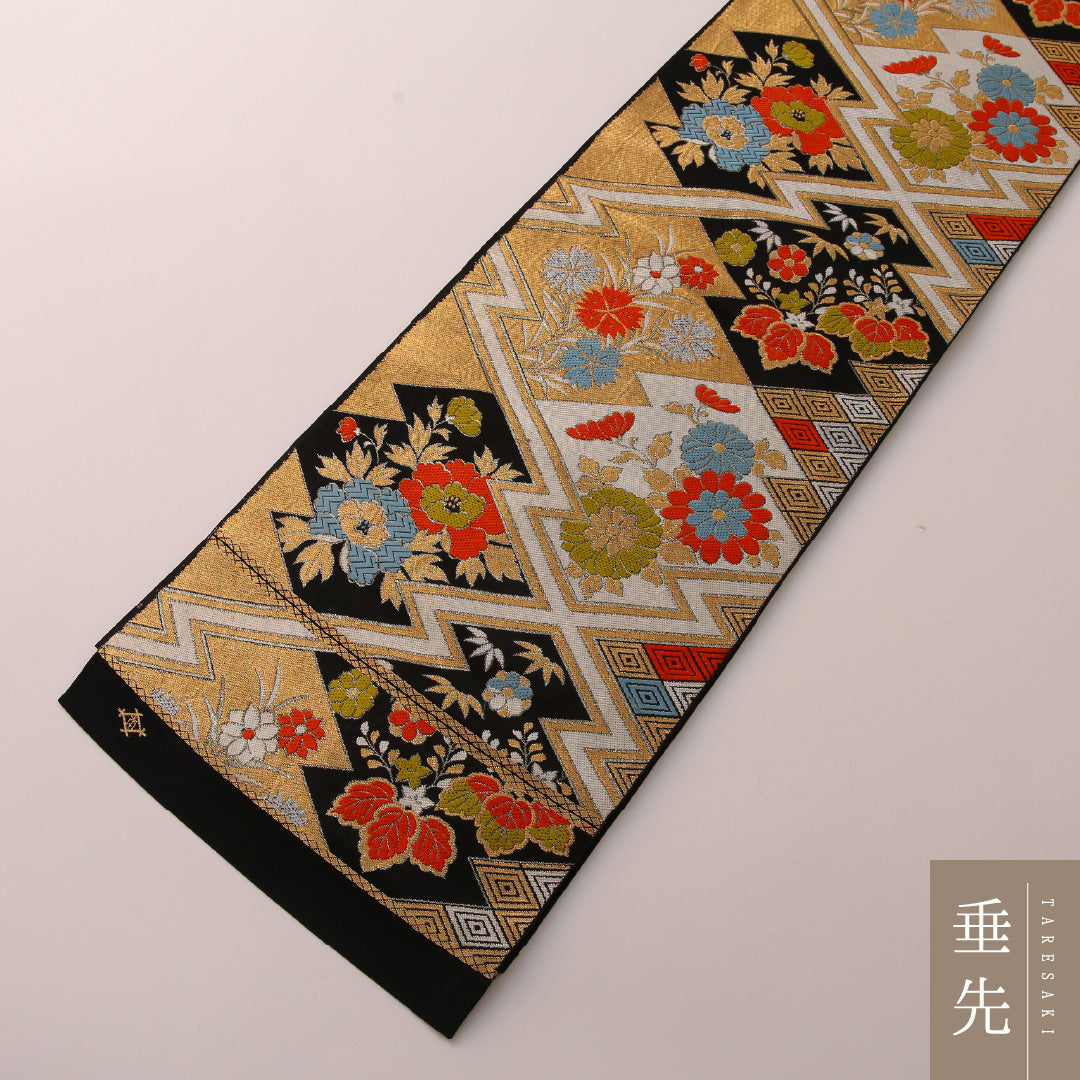 袋帯 帯丈412cm フォーマル 六通 未仕立て 帯芯なし Bランク 正絹 吉祥文様 松皮菱 黒系 金系 1223-01892