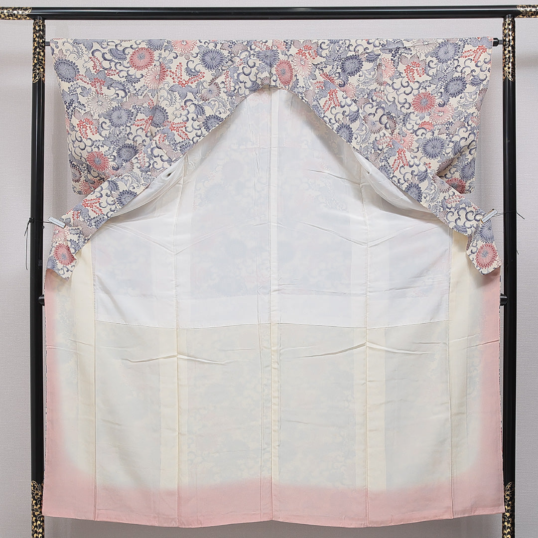 小紋 袷 身丈154cm 裄丈64cm 正絹 Sランク インフォーマル 広衿 Sサイズ 唐草 菊 桐 クリーム系 RP 1221-16084