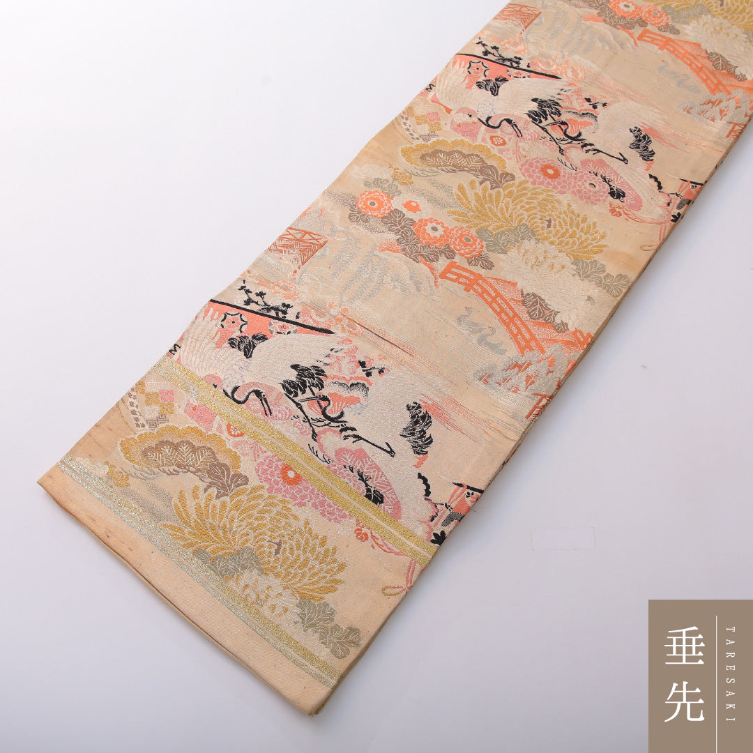 アンティーク 丸帯 帯丈380cm 全通 Cランク 正絹 鶴 菊 クリーム系 1223-02026