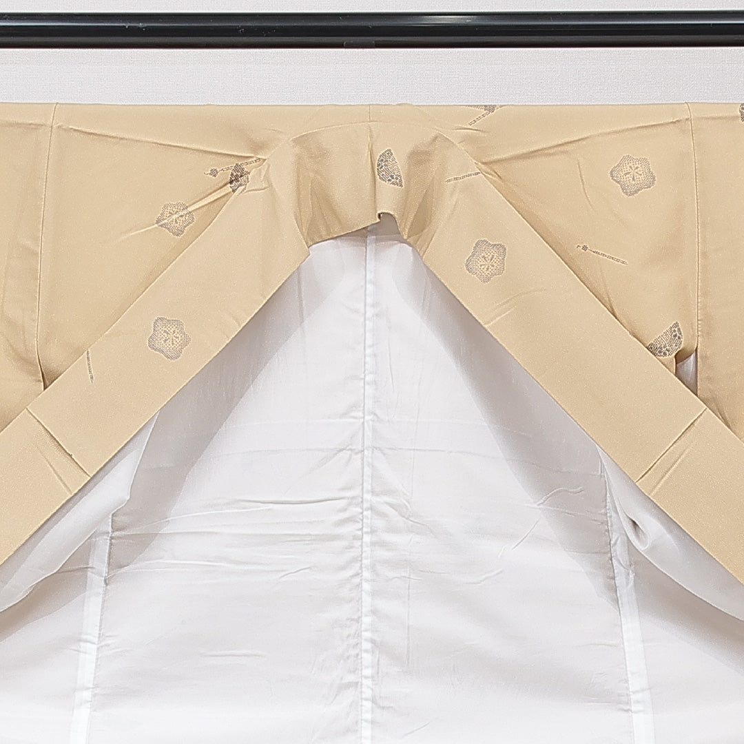 小紋 洗える着物 袷 身丈165cm 裄丈66cm ポリエステル Cランク XLサイズ 広衿 インフォーマル 簪 梅 茶系 ベージュ系 1215-15831