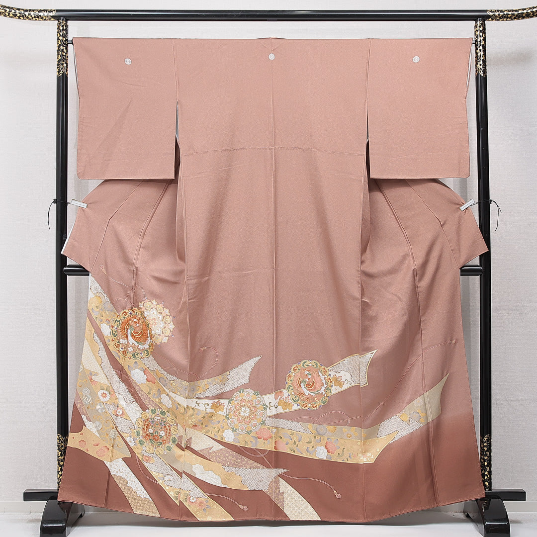 色留袖 袷 身丈163cm 裄丈65cm 三つ紋 藤輪に剣片喰 フォーマル Sランク Lサイズ 正絹 比翼仕立て 広衿 鳳凰 牡丹 1211-F0725