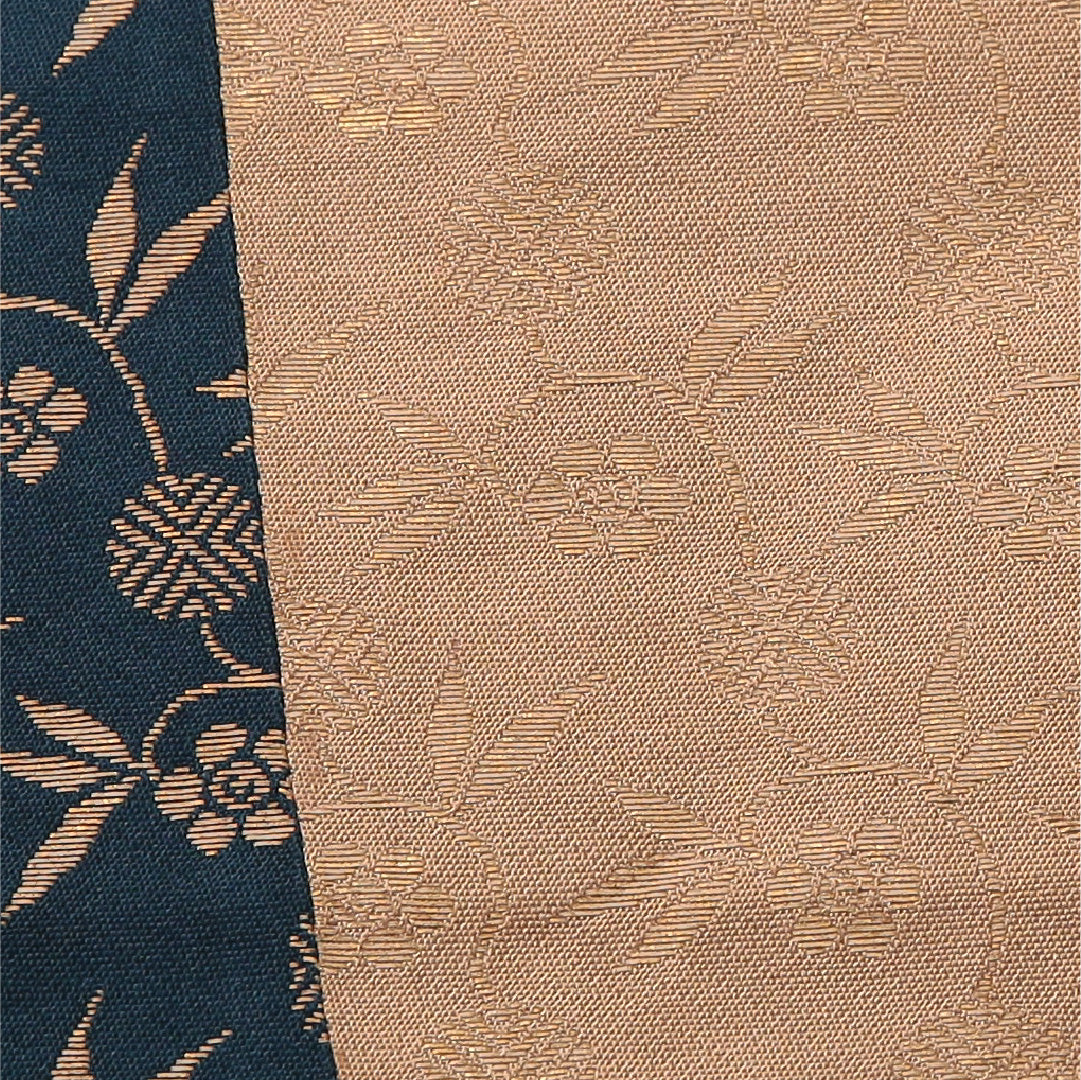 九寸名古屋帯 帯丈432cm カジュアル 開き仕立て 六通 Aランク 正絹 植物柄 紺系 1224-03516