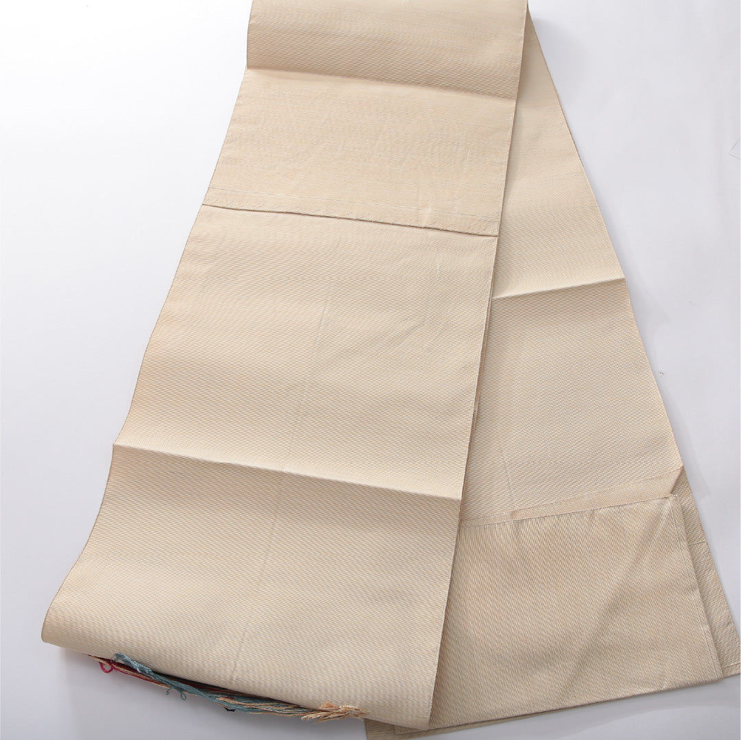 八寸名古屋帯 帯丈360cm カジュアル 松葉仕立て ポイント柄 Aランク 正絹 花柄 クリーム系 1224-03908