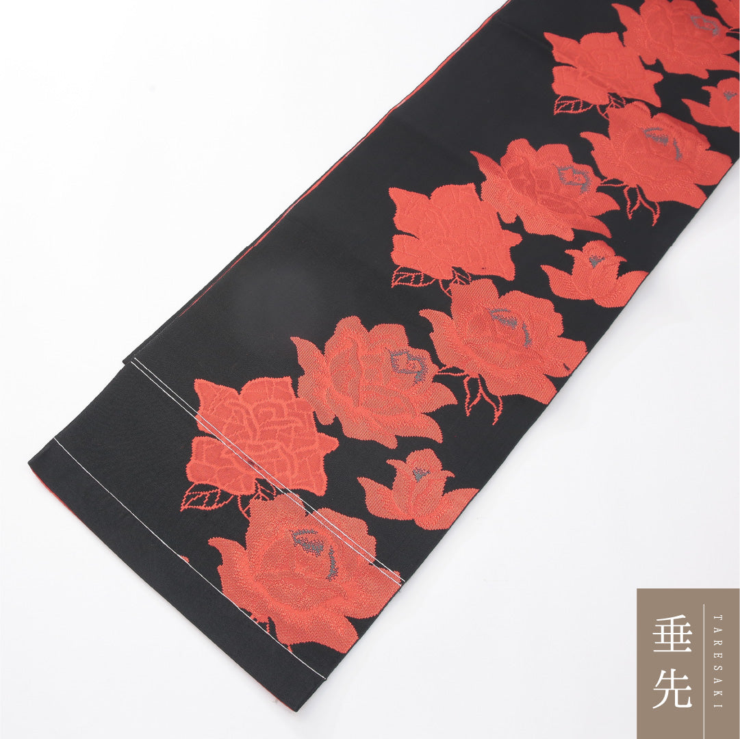 八寸名古屋帯 Sランク 帯丈388cm 正絹 全通 開き仕立て 織り カジュアル 薔薇 黒系 RP 1245-04184