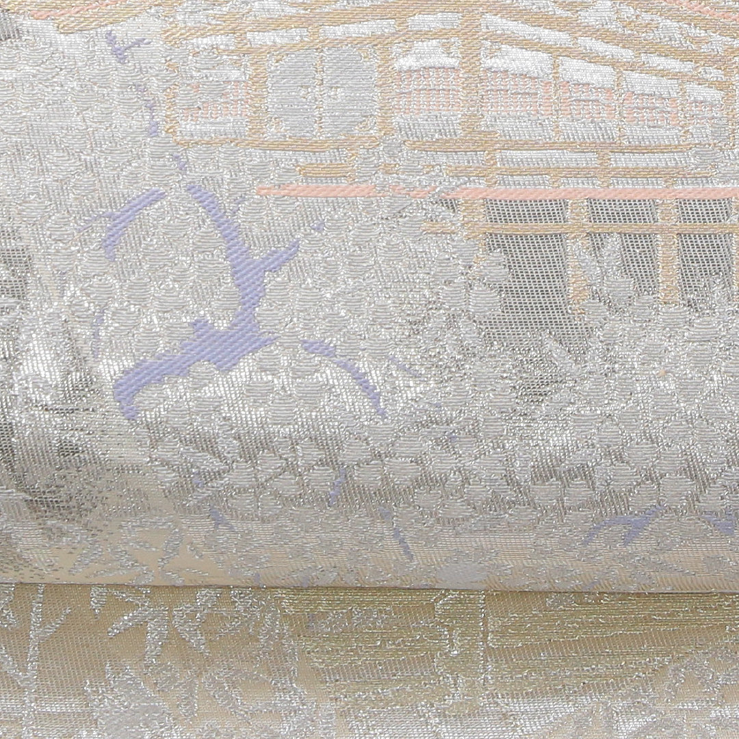 袋帯 帯丈432cm プラチナ箔二重織 フォーマル 六通 Aランク 正絹 寺社仏閣 銀系 1223-02316