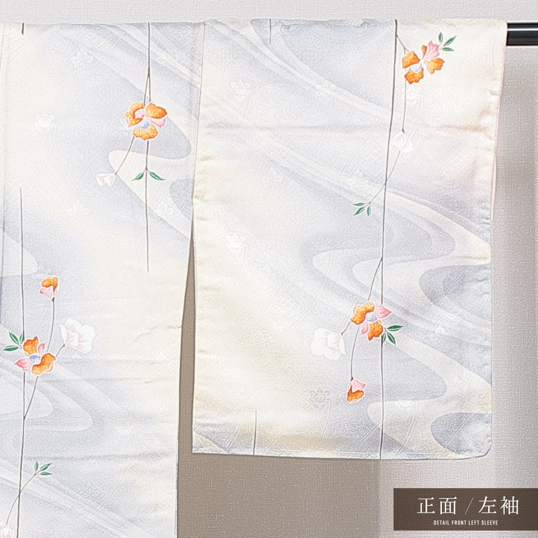 小紋 洗える着物 袷 身丈160cm 裄丈63cm ポリエステル Cランク Lサイズ 広衿 インフォーマル 青海波 花柄 クリーム系 1215-15832