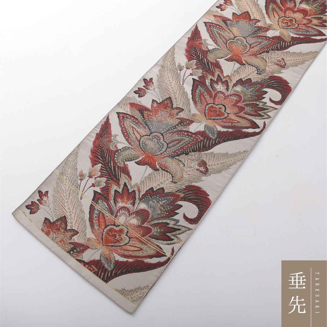 アンティーク 八寸名古屋帯 帯丈364cm セミフォーマル 開き仕立て ポイント柄 Aランク 正絹 綴れ織 ペルシャ文様 ベージュ系 多色系 1224-03688