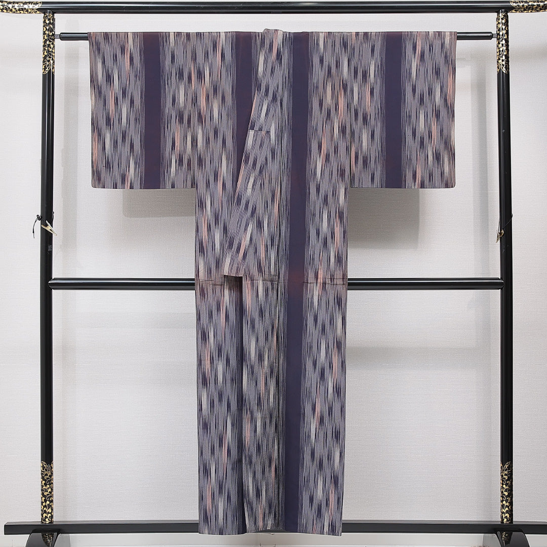 お召 単衣 身丈153cm 裄丈62cm 正絹 Cランク インフォーマル バチ衿 Sサイズ 縞 紫系 LP 1222-15368