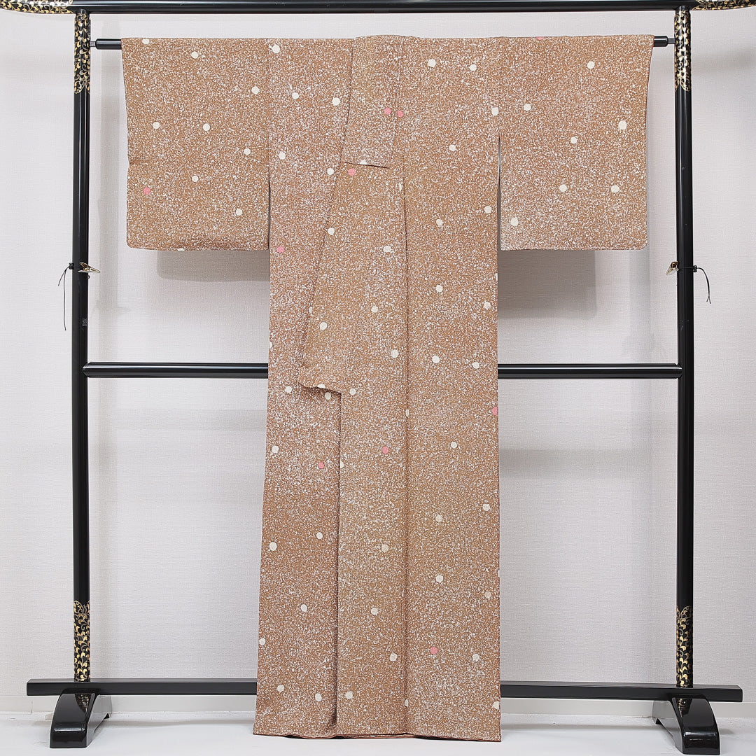 小紋 袷 身丈162cm 裄丈65cm 正絹 Sランク インフォーマル 広衿 Lサイズ たたき染め 創作柄 茶系 RP 1221-15872