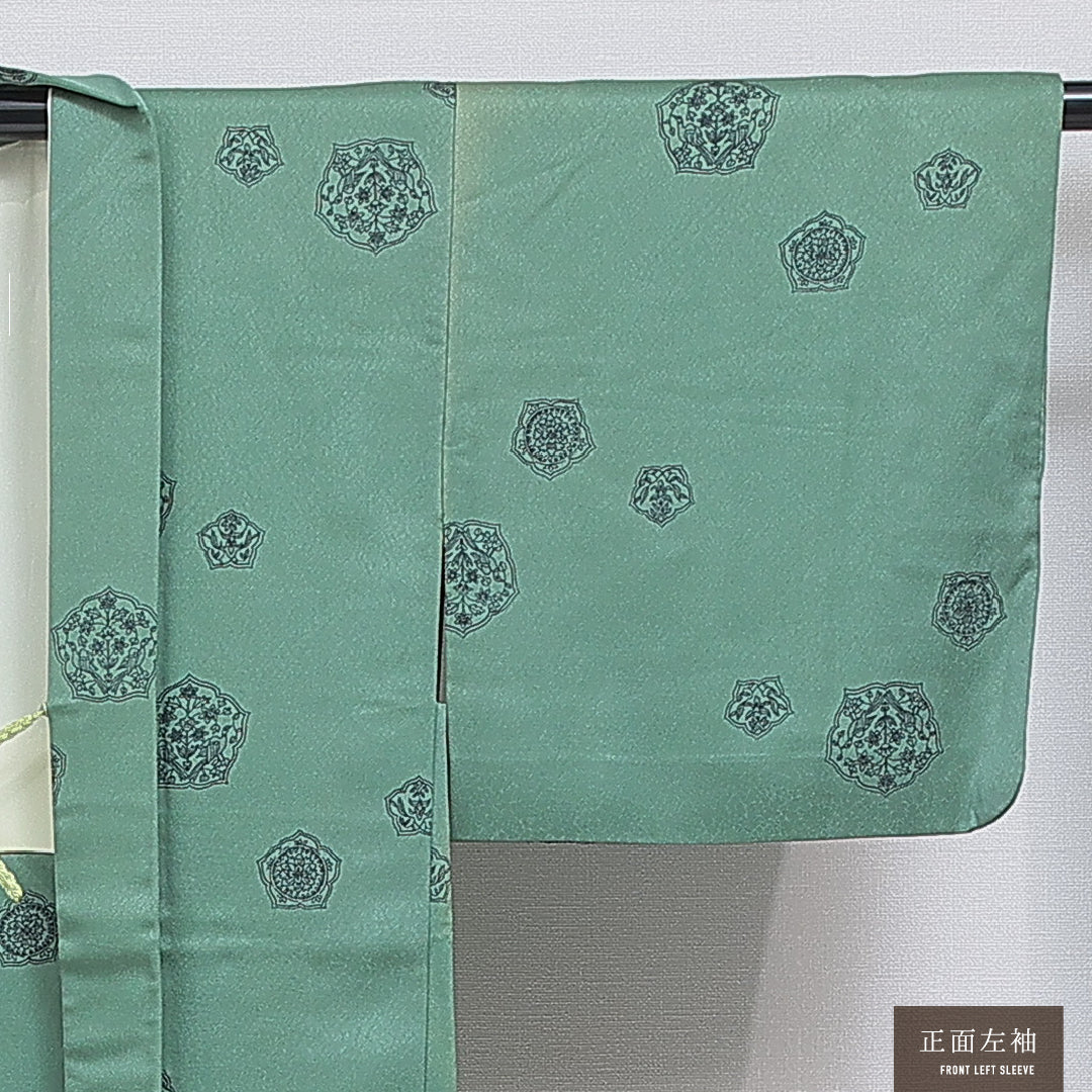 羽織 袷 身丈73cm 裄丈61cm 正絹 Bランク カジュアル Sサイズ 紐あり 鏡裏文 緑系 RP 1232-16119