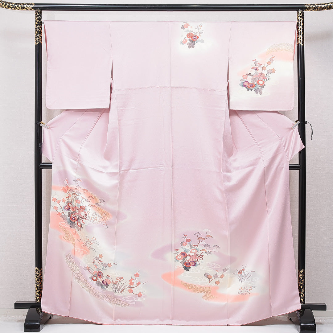 訪問着 袷 身丈167cm 裄丈66cm 正絹 Cランク セミフォーマル 広衿 XLサイズ 菊 吉祥文様 ピンク系 HP 1217-15741