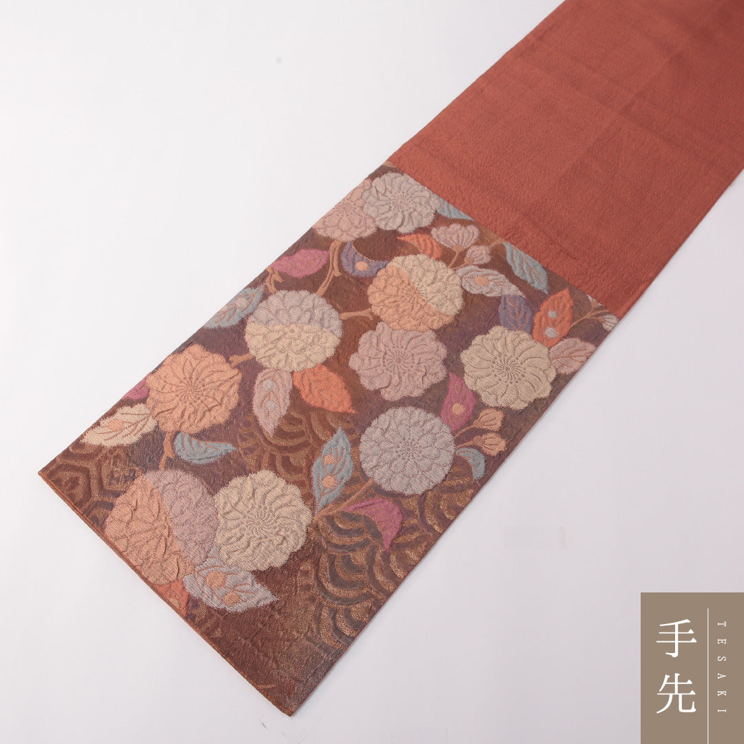 袋帯 帯丈424cm 正絹 全通 セミフォーマル 菊 吉祥文様 ピンク系 朱系 1243-01777