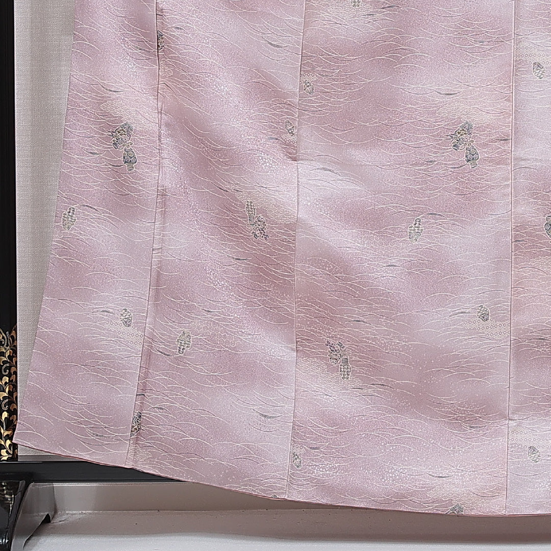 小紋 洗える着物 袷 身丈162cm 裄丈62cm ポリエステル Sランク Lサイズ 広衿 インフォーマル 花瓶 青海波 ピンク系 1215-15801