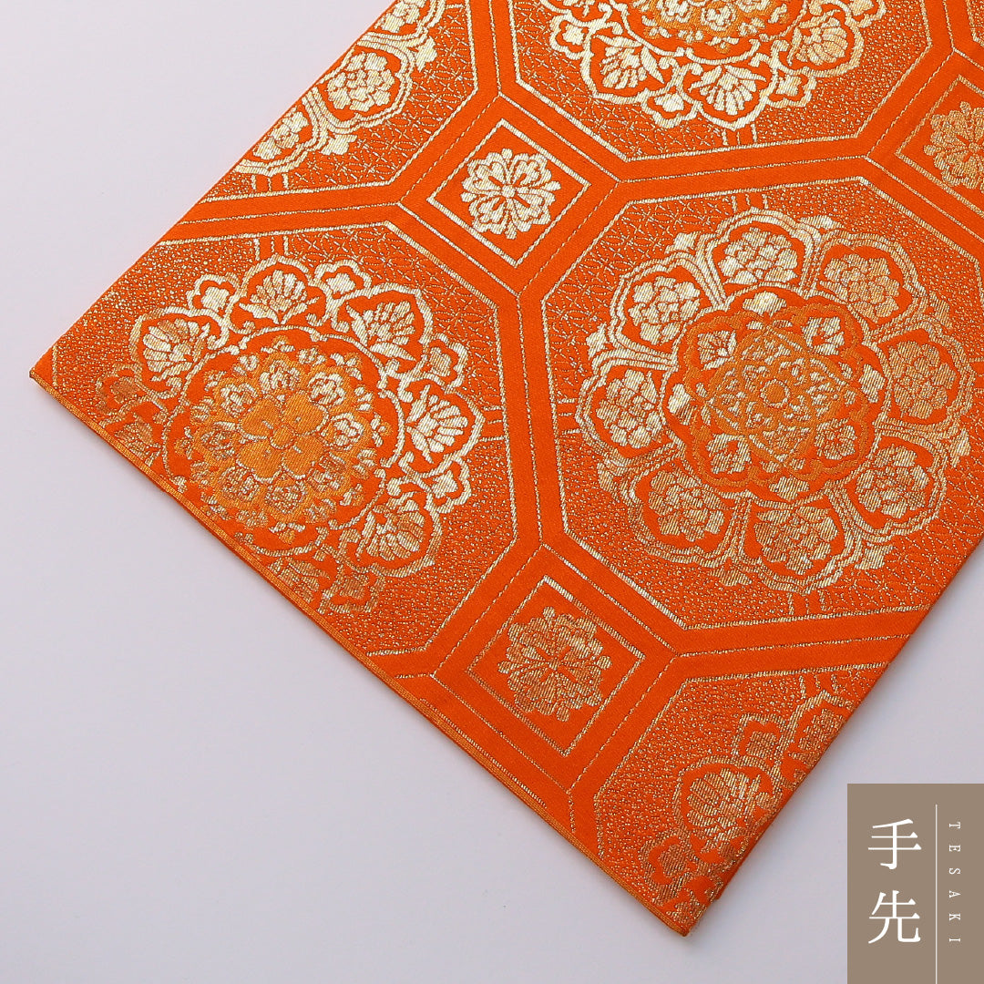 袋帯 帯丈424cm 正絹 六通 フォーマル 蜀江 宝相華 朱系 金系 1243-01959