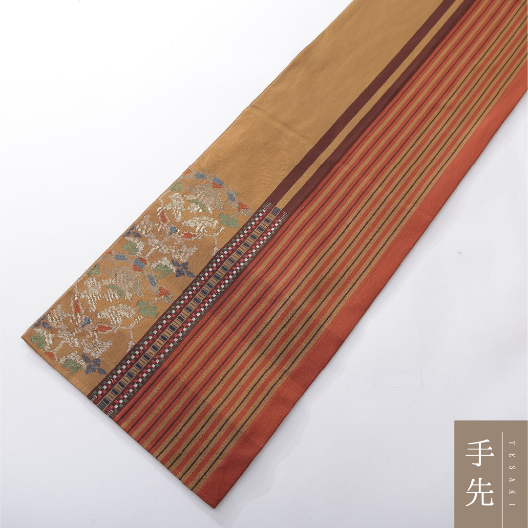 九寸名古屋帯 帯丈350cm インフォーマル 開き仕立て 六通 Aランク 正絹 花柄 縞 多色系 1224-03904