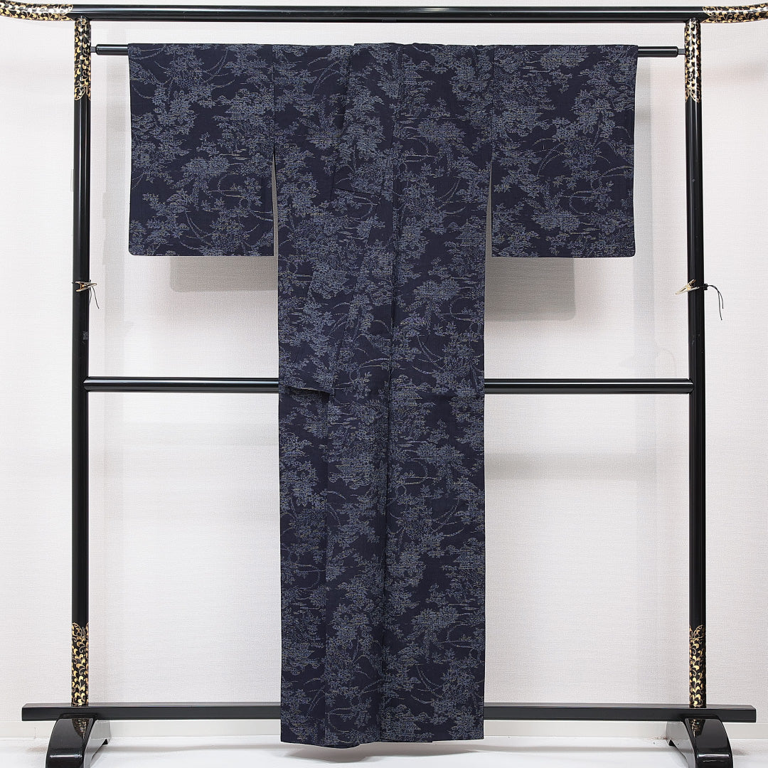 紬 単衣 身丈158cm 裄丈63cm 正絹 Sランク カジュアル 広衿 Mサイズ 植物柄 紺系 RP 1223-15336