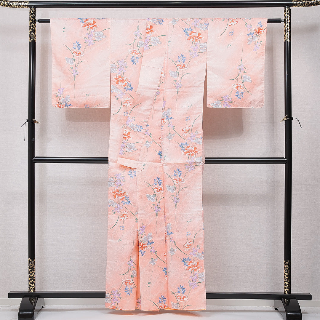 洗える着物 小紋 袷 身丈159cm 裄丈64cm ポリエステル Sランク インフォーマル 広衿 Mサイズ 花柄 ピンク系 RP 1221-15824