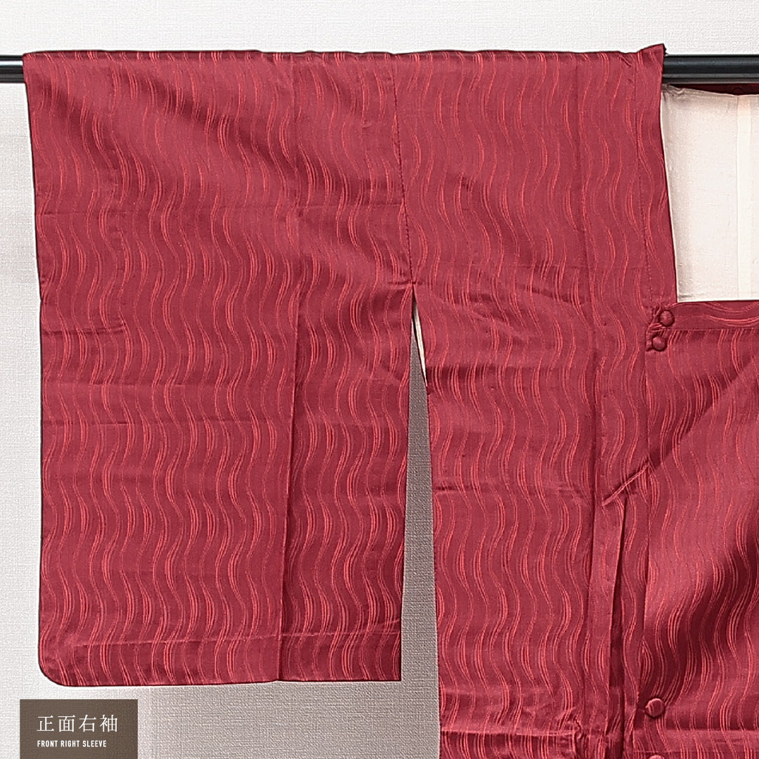 道行コート 単衣 身丈120cm 裄丈64cm 正絹 Sランク セミフォーマル Mサイズ ポケットあり よろけ縞 赤系 RP 1237-15293