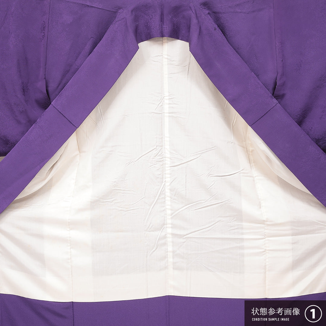 色無地 袷 身丈153cm 裄丈62cm 正絹 Aランク Sサイズ 広衿 一つ紋(丸に梅鉢) セミフォーマル 紋意匠 風景 紫系 1214-16901
