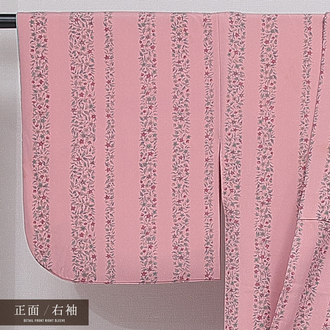 小紋 洗える着物 袷 身丈161cm 裄丈65cm ポリエステル Cランク Lサイズ 広衿 インフォーマル 花柄 ピンク系 1215-16103