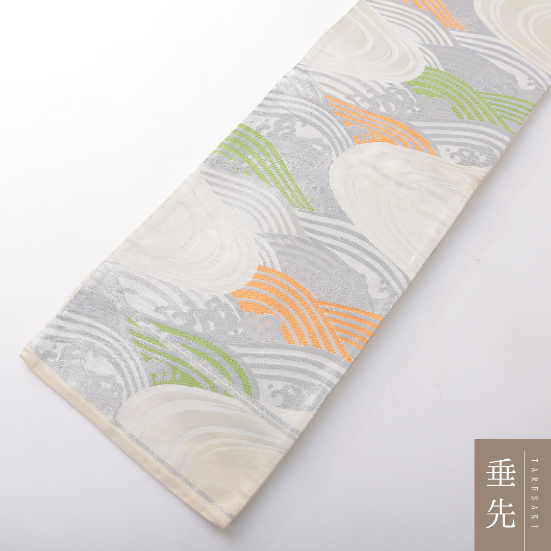 袋帯 帯丈408cm 正絹 六通 フォーマル 荒磯 吉祥文様 クリーム系 1243-02097