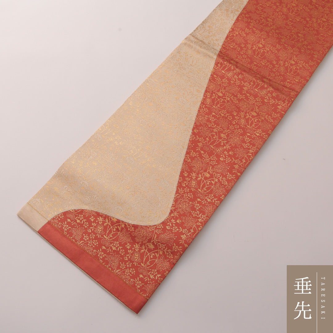 袋帯 帯丈448cm セミフォーマル ポイント柄 未仕立て 帯芯なし Aランク 正絹 唐草 クリーム系 朱系 1223-01888