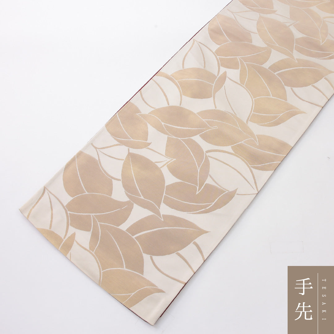 袋帯 帯丈424cm セミフォーマル 全通 リバーシブル 帯芯なし Sランク 正絹 植物柄 クリーム系 赤系 1223-02241