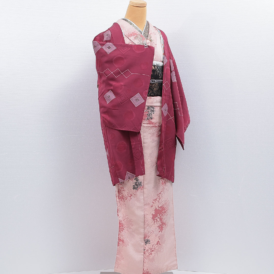 羽織 袷 身丈87cm 裄丈63cm 正絹 Sランク カジュアル Sサイズ 花菱 赤系 RP 1232-16123