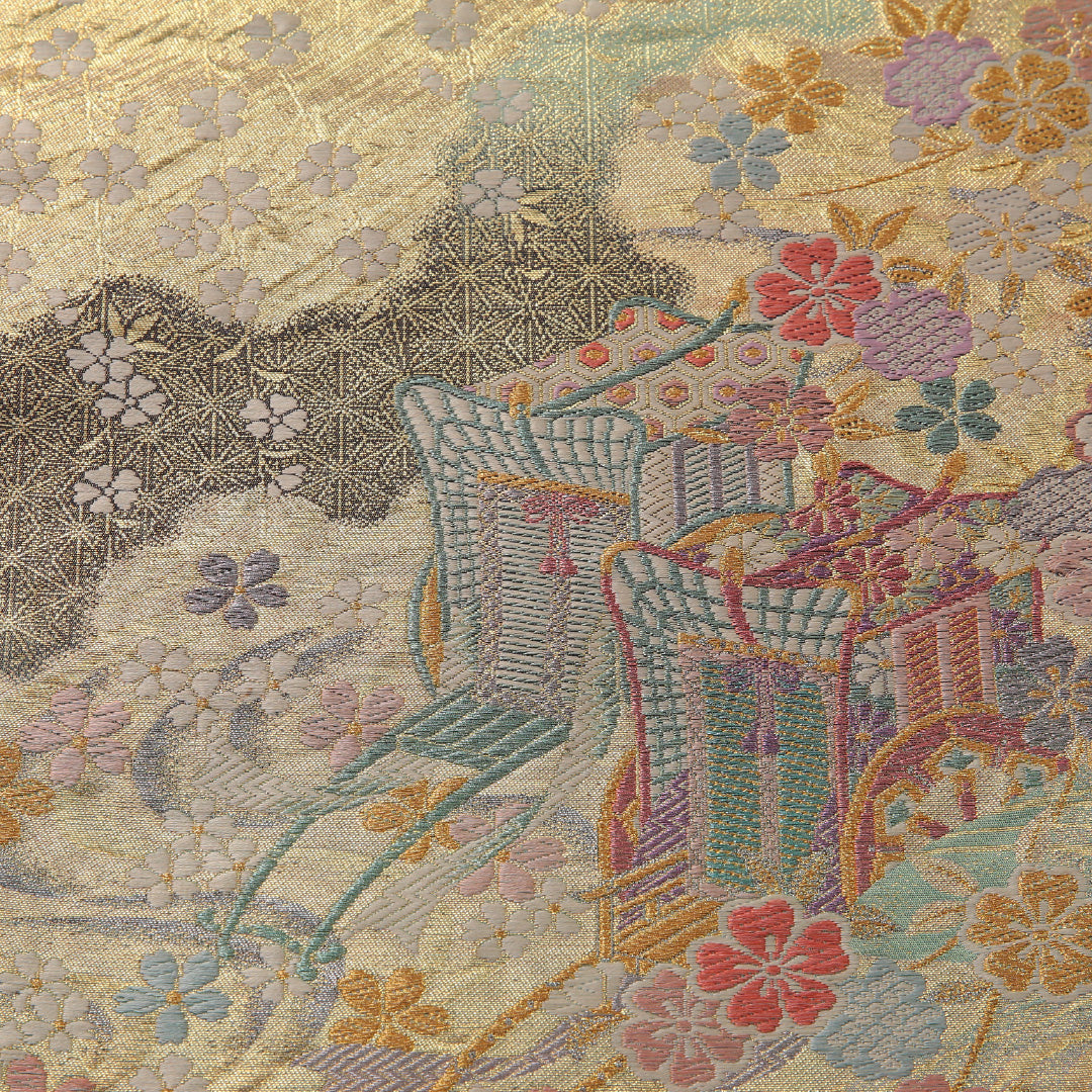 袋帯 帯丈440cm フォーマル 六通 Sランク 正絹 花車 桜 金系 多色系 1223-01891