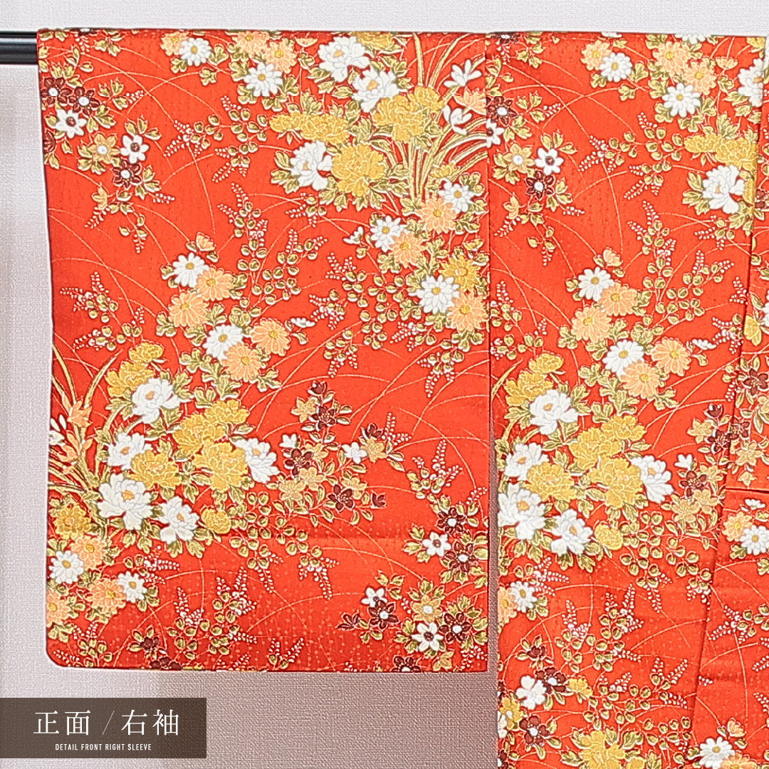 洗える着物 小紋 袷 身丈163cm 裄丈65cm ポリエステル Sランク インフォーマル バチ衿 Lサイズ 牡丹 朱系 RP 1221-16209