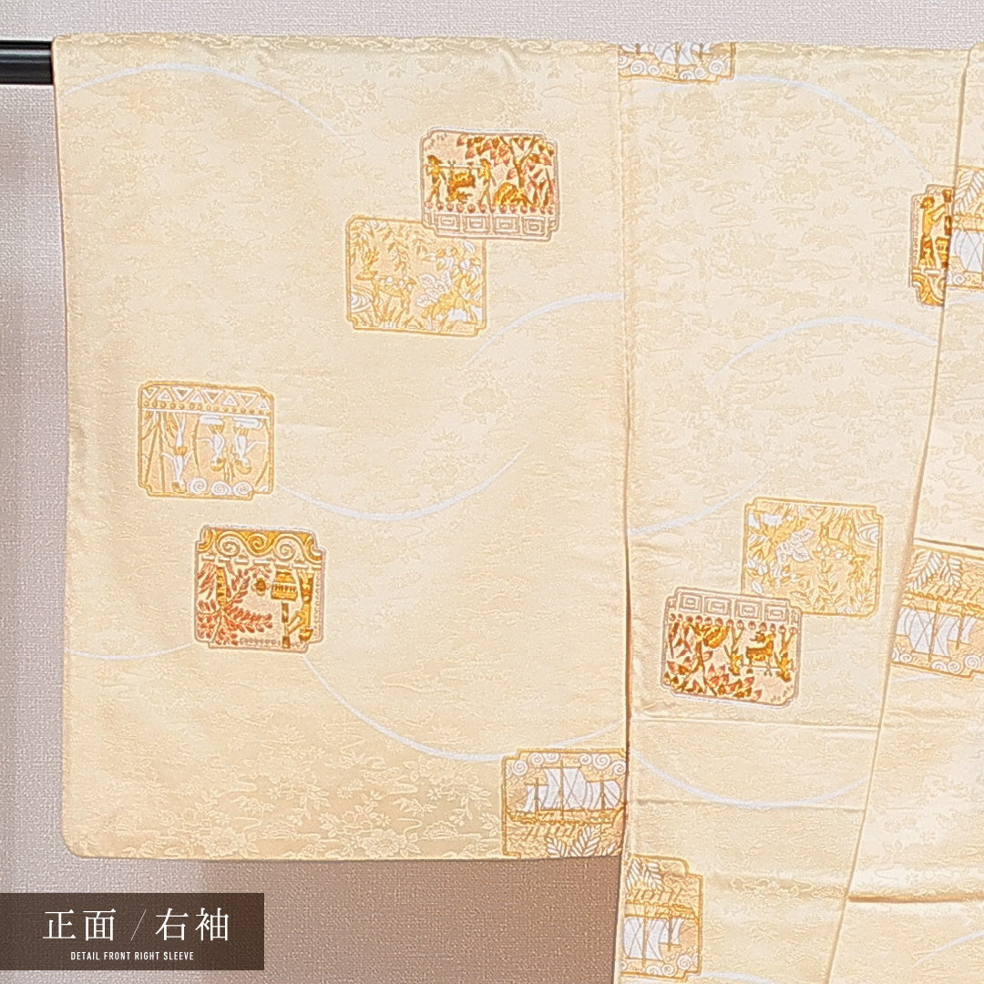 小紋 袷 身丈159cm 裄丈63cm 正絹 Bランク インフォーマル 広衿 Mサイズ 鹿 人物 朱系 RP 1221-16053
