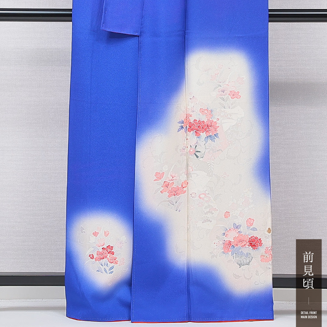 付下げ 袷 身丈162cm 裄丈67cm 正絹 Bランク インフォーマル バチ衿 Lサイズ ぼかし染 牡丹 青系 HP 1218-15895
