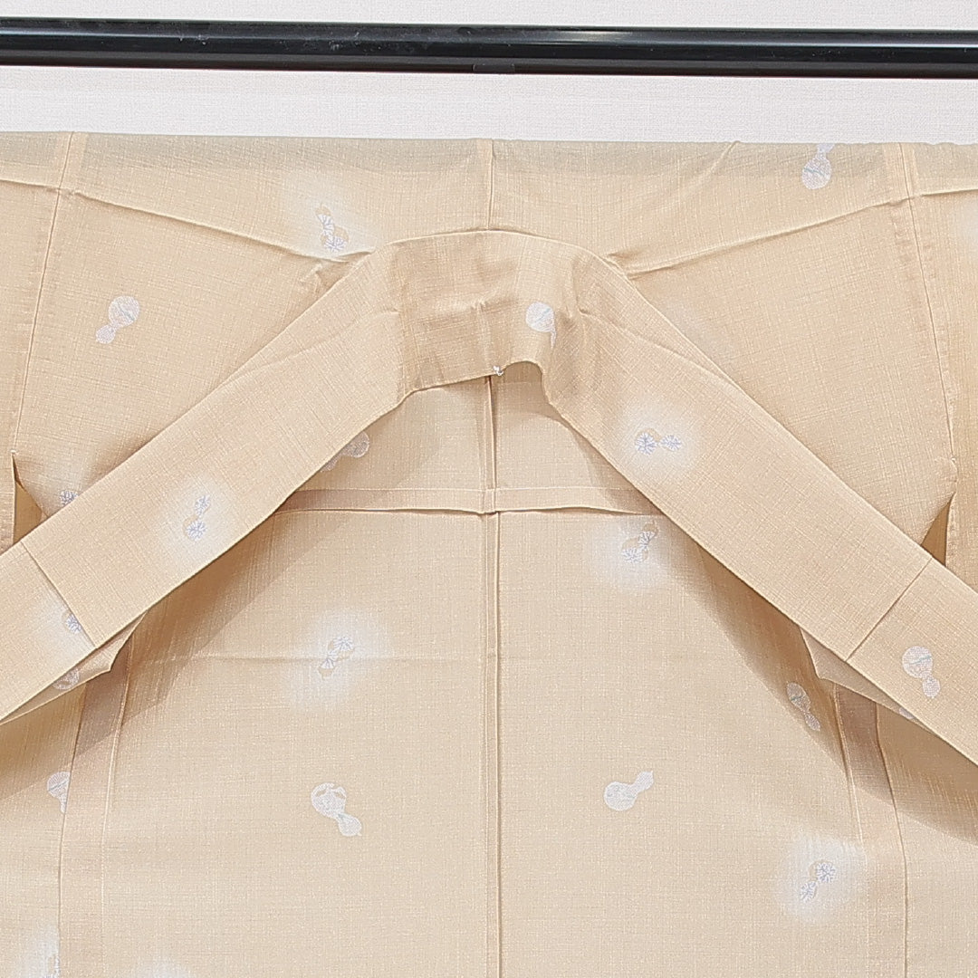 紬 単衣 身丈161cm 裄丈67cm 正絹 Cランク Lサイズ 広衿 カジュアル 染紬 瓢箪 クリーム系 1216-15676